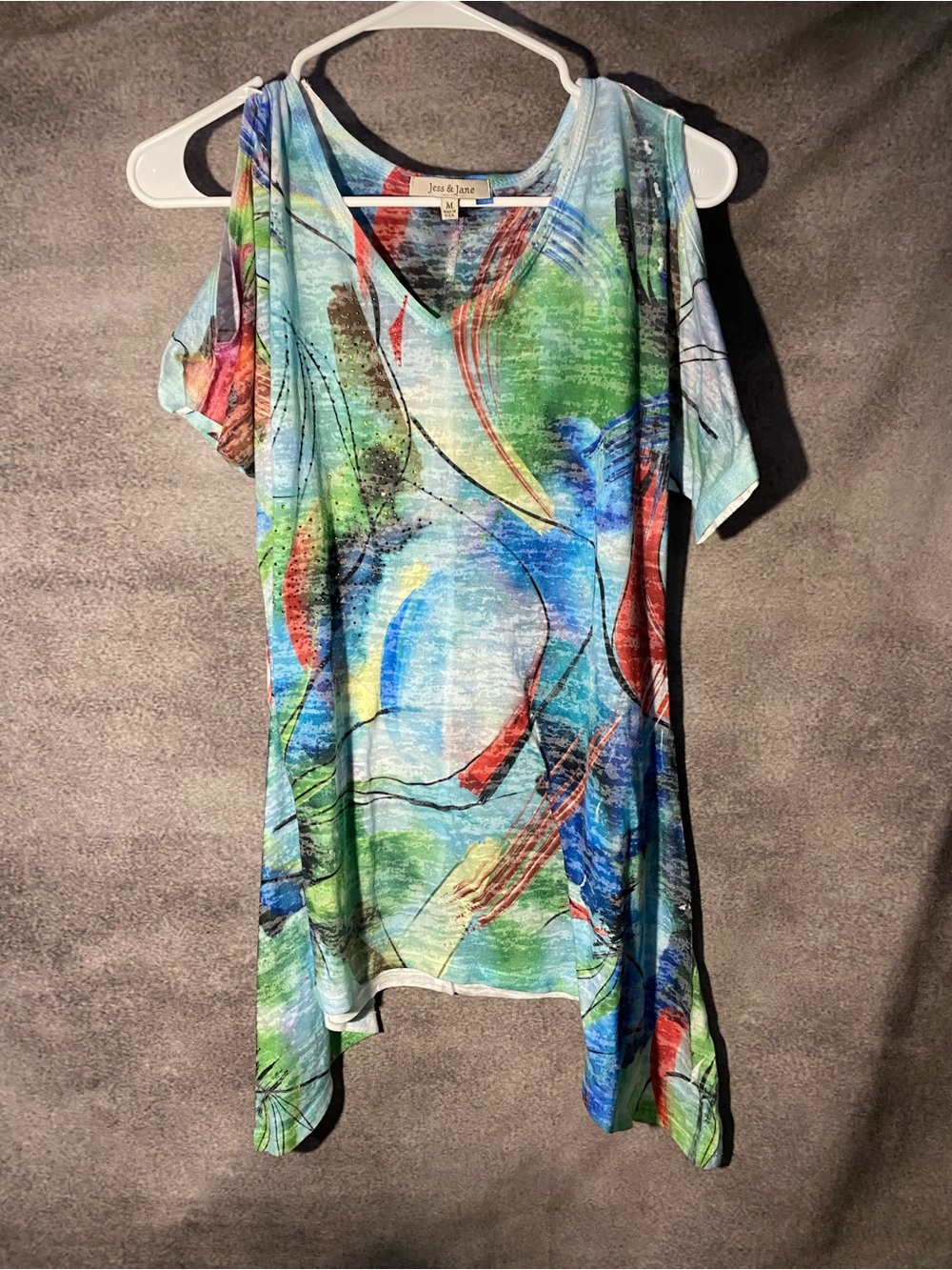 Jess & Jane Women Medium Abstract Watercolor Cold Shoulder Rhinestone